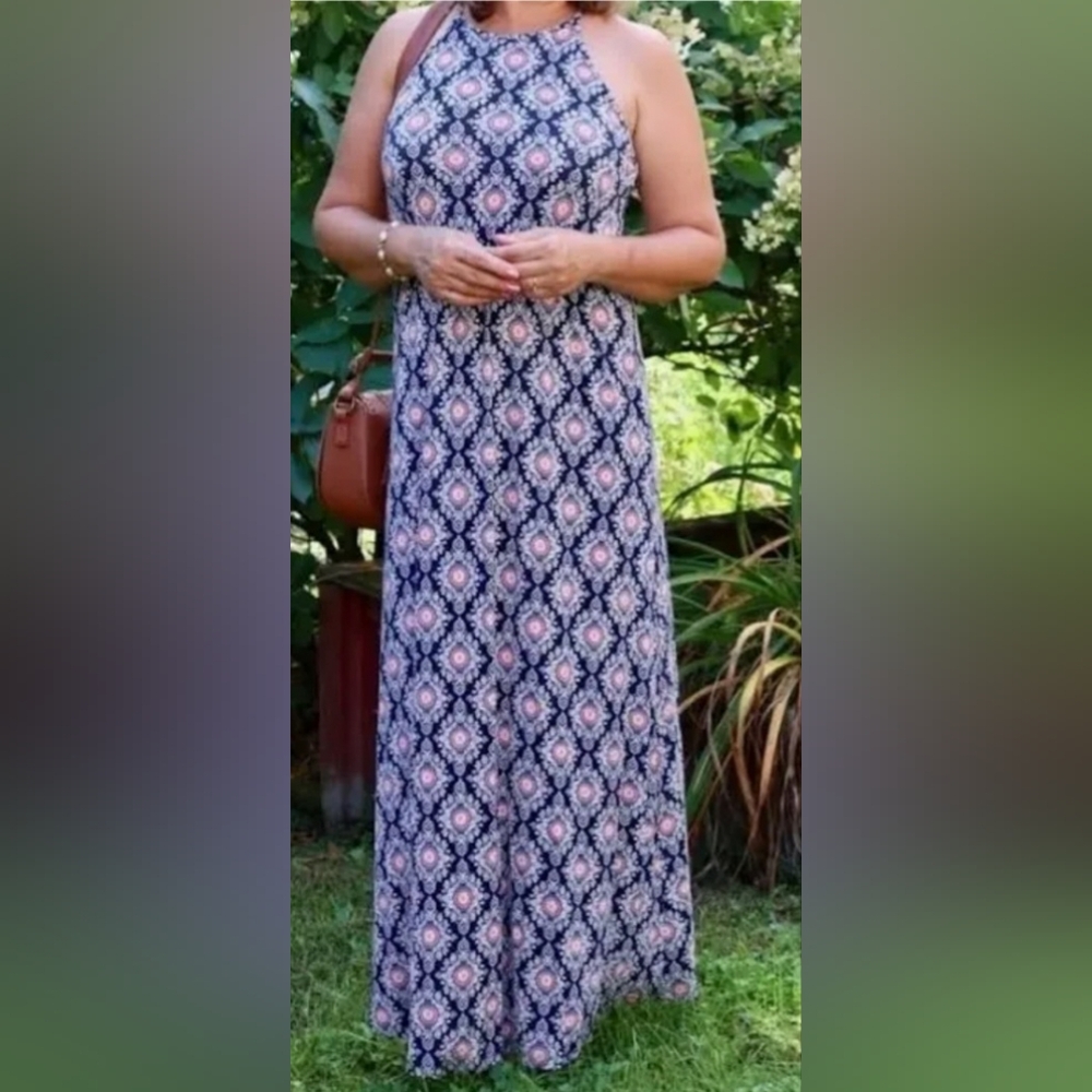 French Grey Blue Floral Print Maxi Sun Dress